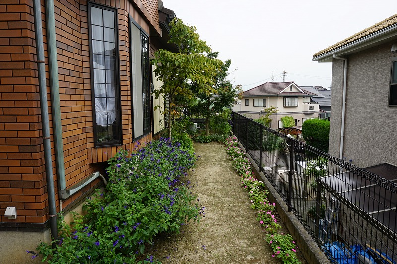 外壁横の細長い庭スペースのリフォーム前。植栽が少なく単調な状態。