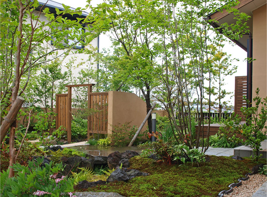 和室から見た庭。自然石貼りのアプローチと苔、雑木が広がる景色。