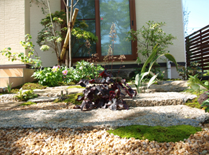 雑木に囲まれた庭の一角。木立と足もとの植栽が心地よい奥行きをつくる。