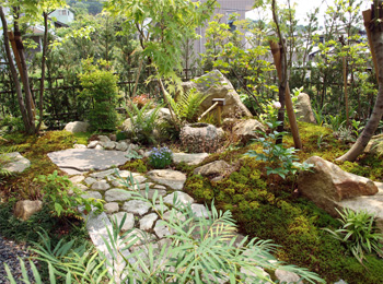 完成後のリビングビュー。手水鉢と石組が見え、心地よい水音が響く庭。