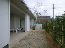 施工前の庭の通路部分。土のままの地面が続く。